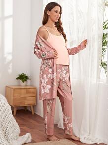 SHEIN Maternity Floral Print Robe & Adjustable Elastic Waist Trousers And Cami Top Pyjama Set - Multicolor - View 4