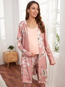 SHEIN Maternity Floral Print Robe & Adjustable Elastic Waist Trousers And Cami Top Pyjama Set - Multicolor - View 5