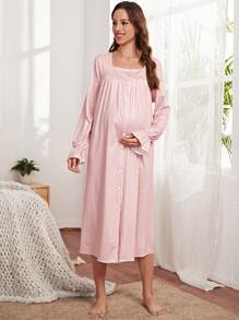 SHEIN Maternity Striped Print Button Front Lounge Dress - Multicolor - View 1