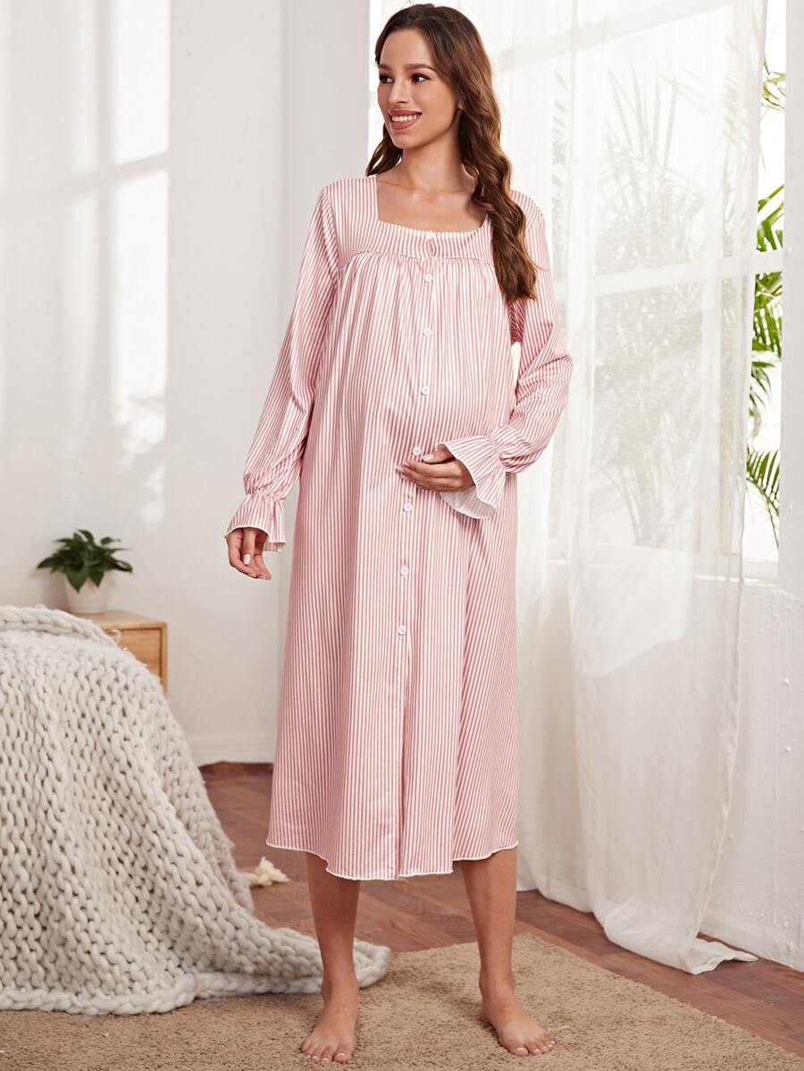 SHEIN Maternity Striped Print Button Front Lounge Dress - Multicolor - View 1
