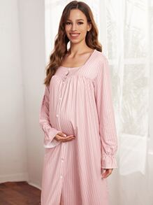 SHEIN Maternity Striped Print Button Front Lounge Dress - Multicolor - View 5