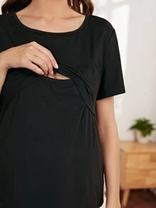 SHEIN Maternity Solid Nursing Top & Allover Print Trousers Lounge Set - Multicolor - View 2