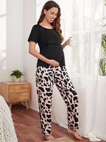 SHEIN Maternity Solid Nursing Top & Allover Print Trousers Lounge Set - Multicolor - View 3