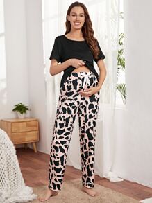 SHEIN Maternity Solid Nursing Top & Allover Print Trousers Lounge Set - Multicolor - View 4
