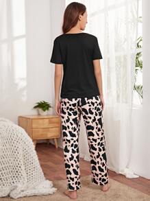 SHEIN Maternity Solid Nursing Top & Allover Print Trousers Lounge Set - Multicolor - View 5