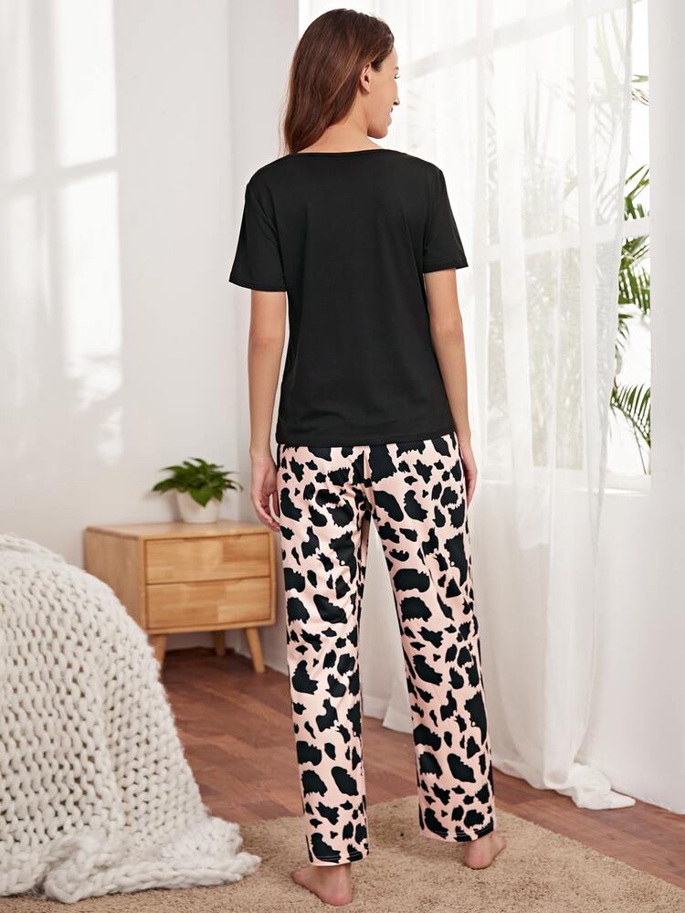 SHEIN Maternity Solid Nursing Top & Allover Print Pants Lounge Set - Multicolor - View 5