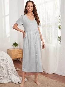 SHEIN Maternity Solid Button Front Nightdress - Light Grey - View 1
