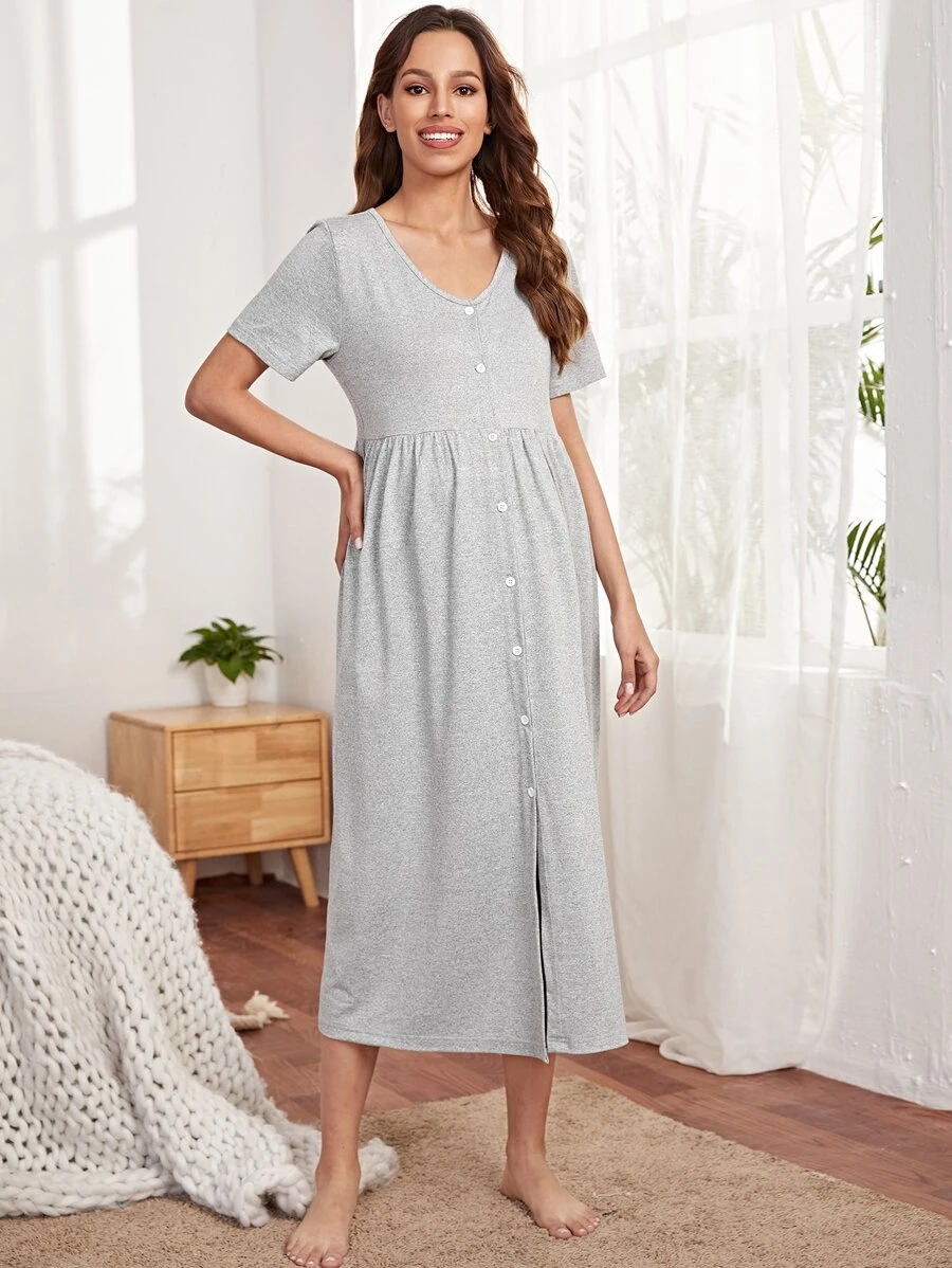 SHEIN Maternity Solid Button Front Nightdress - Light Grey - View 1