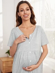 SHEIN Maternity Solid Button Front Nightdress - Light Grey - View 2