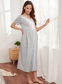 SHEIN Maternity Solid Button Front Nightdress - Light Grey - View 5