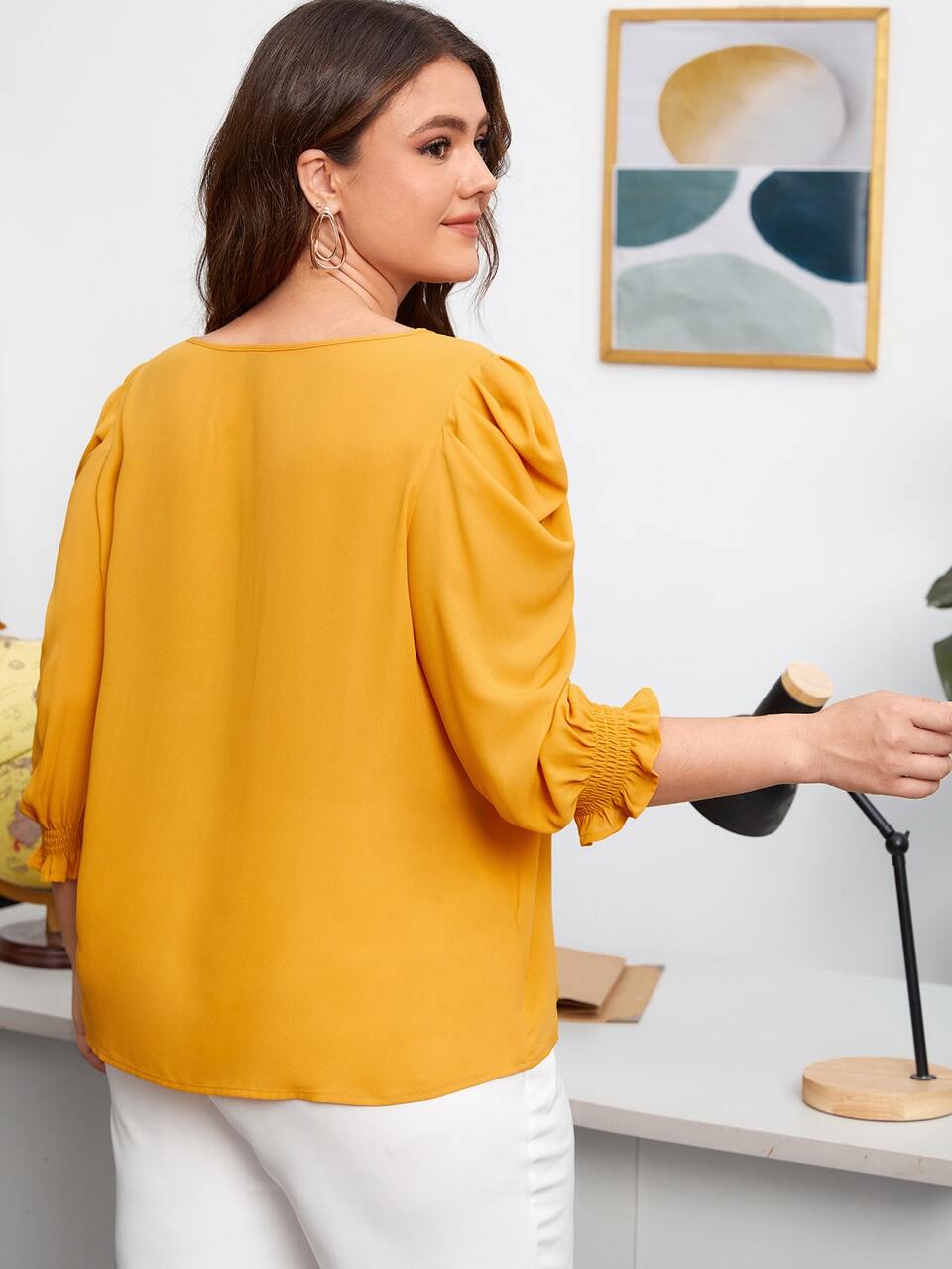 Plus Solid Flounce Sleeve Blouse