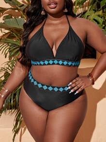 Plus Size Geo Graphic Tape Halter Bikini Set Summer Beach - Black - View 1