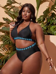 Plus Size Geo Graphic Tape Halter Bikini Set Summer Beach - Black - View 4