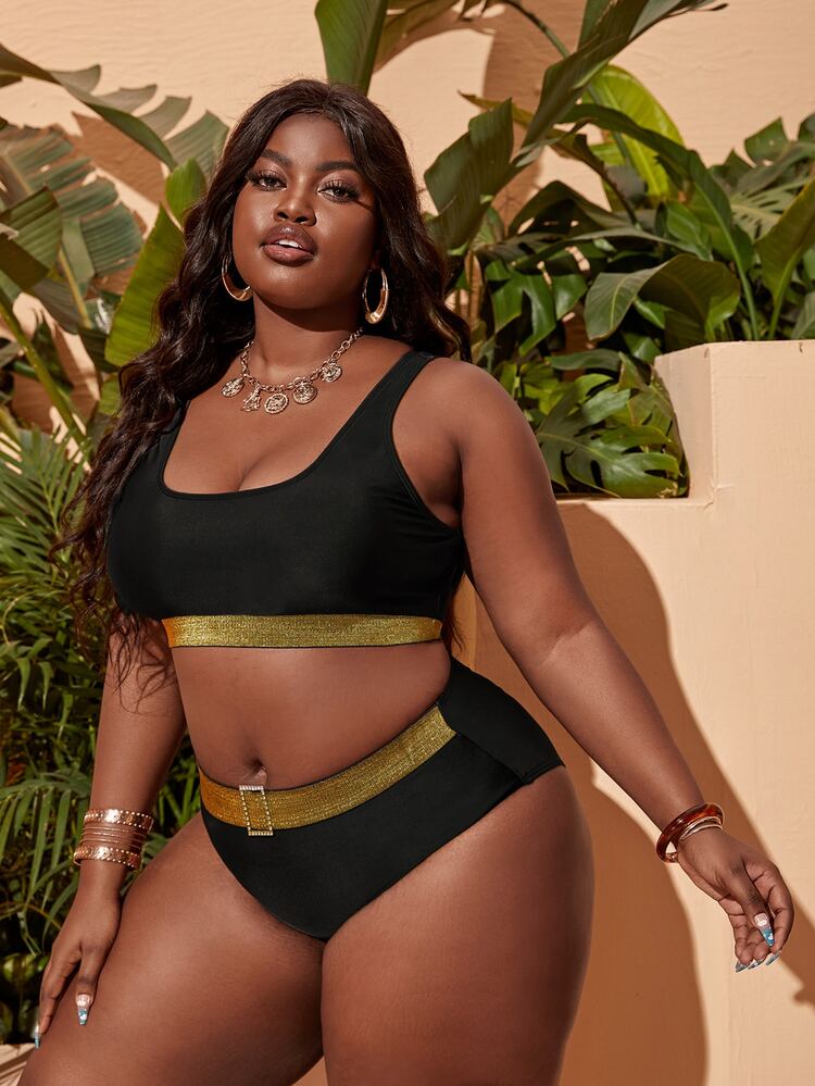 Plus Size Color Block High Waisted Bikini Set Summer Beach - Black - View 4