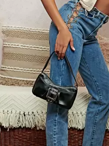 SHEIN ICON 氣眼搭扣裝飾法棍包 - 黑色 - 查看 4