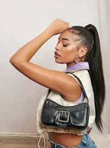 SHEIN ICON 氣眼搭扣裝飾法棍包 - 黑色 - 查看 7