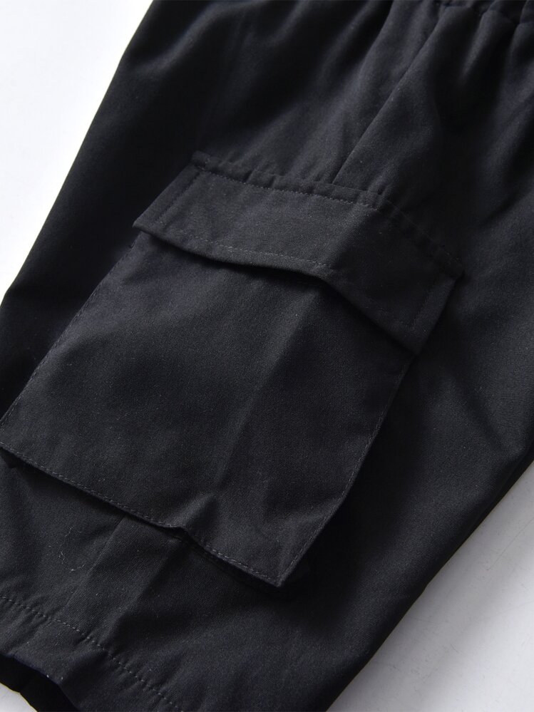 SHEIN 年轻男孩宽松舒适休闲工装风格短裤，适合上学、运动、户外、徒步旅行，适合 4-7 岁男孩 - 黑色 - 查看 4