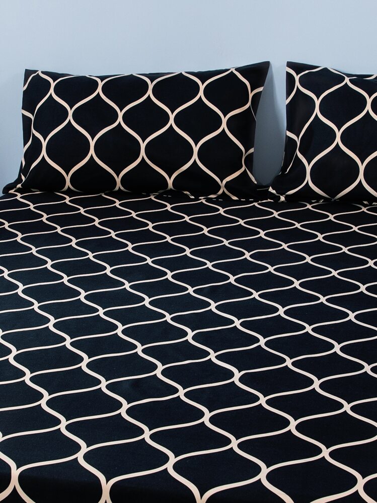 Geometric Pattern Fitted Sheet Set, Black Polyester 1pc Fitted Sheet And 2pcs Pillowcase, Pillow Insert Not Include, For Bedroom - Multicolor - View 7