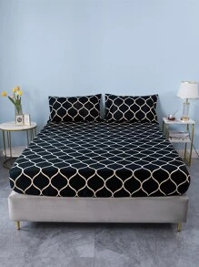 幾何樣式床笠套裝黑色滌綸1入組床笠和2入組枕套不含枕芯適用於臥室 - 彩色 - 查看 2