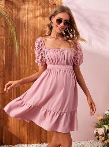 SHEIN Maternity Lace Puff Sleeve Ruched Front Tie Back Dress - Dusty Pink - View 3