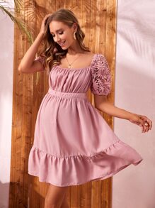 SHEIN Maternity Lace Puff Sleeve Ruched Front Tie Back Dress - Dusty Pink - View 4