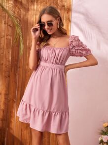 SHEIN Maternity Lace Puff Sleeve Ruched Front Tie Back Dress - Dusty Pink - View 5