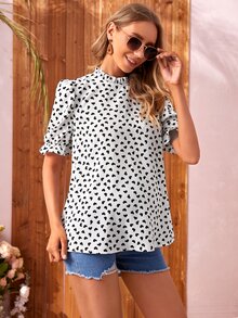 SHEIN Maternity Ruffle Trim Allover Heart Print Top - White - View 2