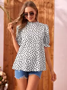 SHEIN Maternity Ruffle Trim Allover Heart Print Top - White - View 1