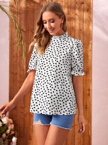 SHEIN Maternity Ruffle Trim Allover Heart Print Top - White - View 5