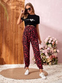 SHEIN Maternity Knot Hem Heart Print Trousers - Multicolor - View 5