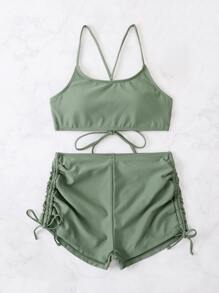 SHEIN Swim Summer Beach Lace Up Back Shorts Bikini - Army Green - View 2