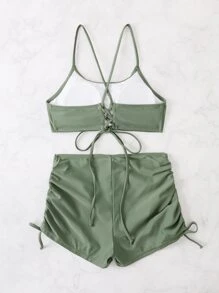 SHEIN Swim Summer Beach Lace Up Back Shorts Bikini - Army Green - View 3