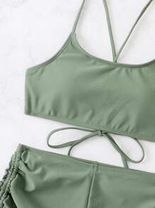 SHEIN Swim Summer Beach Lace Up Back Shorts Bikini - Army Green - View 4