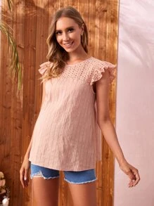 SHEIN Maternity Butterfly Sleeve Eyelet Embroidery Yoke Top - Coral Pink - View 5