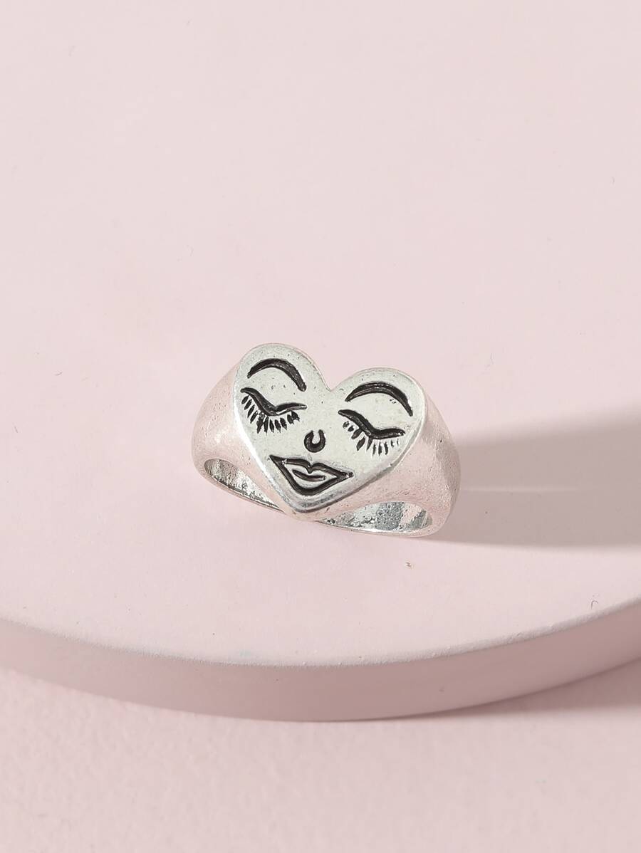 Anillo decorativo con forma de corazón de dibujos animados para el Día de San Valentín - Plata antigua - Ver 1