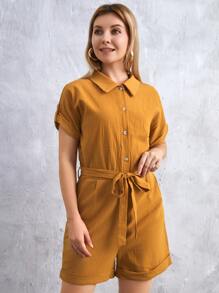 捲邊袖腰帶襯衫連體短褲 - 棕色 - 查看 1