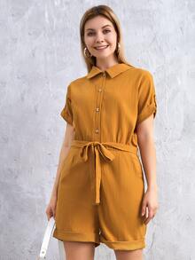 捲邊袖腰帶襯衫連體短褲 - 棕色 - 查看 3