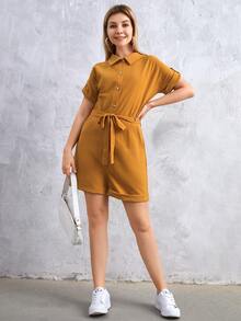 捲邊袖腰帶襯衫連體短褲 - 棕色 - 查看 4