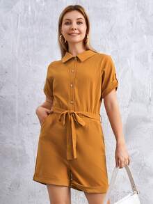 捲邊袖腰帶襯衫連體短褲 - 棕色 - 查看 5