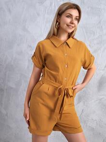 捲邊袖腰帶襯衫連體短褲 - 棕色 - 查看 6