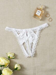 White Sheer Lace Bridal Thong With Bow Detail Bridal Wedding Lingerie - White - View 1