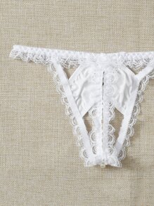 White Sheer Lace Bridal Thong With Bow Detail Bridal Wedding Lingerie - White - View 3