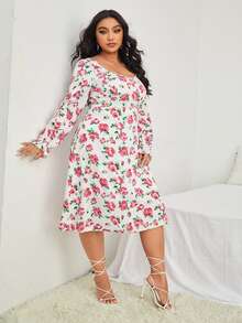 Plus Floral Print Flounce Sleeve Dress - Multicolor - View 5