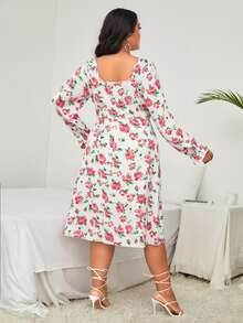 Plus Floral Print Flounce Sleeve Dress - Multicolor - View 2