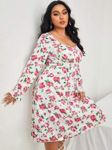Plus Floral Print Flounce Sleeve Dress - Multicolor - View 3