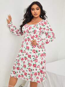 Plus Floral Print Flounce Sleeve Dress - Multicolor - View 4