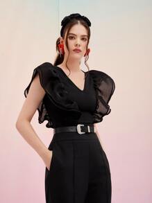 Modelyn Áo liền quần ôm nữ Tương phản Mesh màu trơn Thanh lịch - màu đen - Xem 1