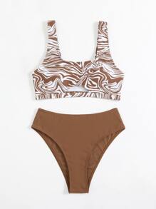 Traje de baño de bikini con sujetador cortado con patrón fluido y fondo de baño de cintura alta para la playa en verano - Marrón - Ver 3