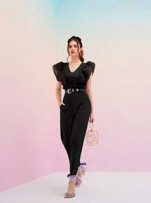 Modelyn Áo liền quần ôm nữ Tương phản Mesh màu trơn Thanh lịch - màu đen - Xem 3