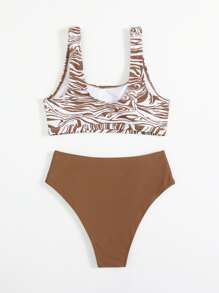 Traje de baño de bikini con sujetador cortado con patrón fluido y fondo de baño de cintura alta para la playa en verano - Marrón - Ver 2